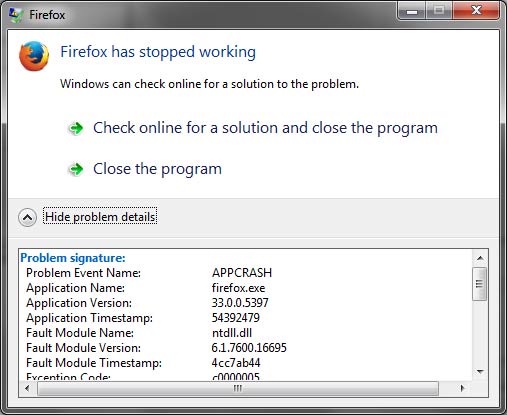 Firefox has stopped working on Windows. APP CRASH