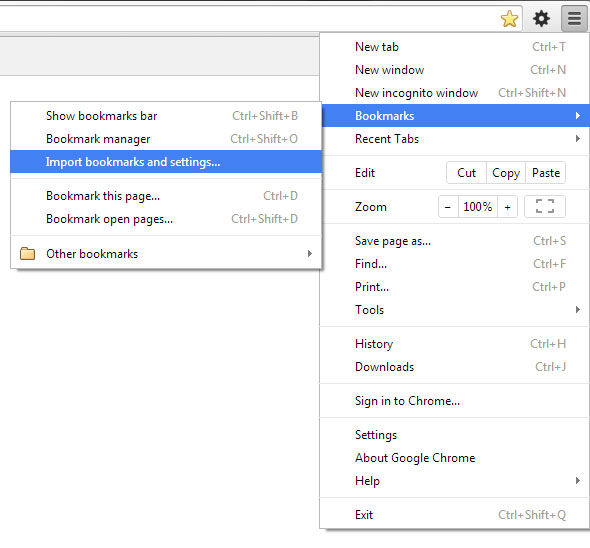 Google Chrome import bookmarks from menu