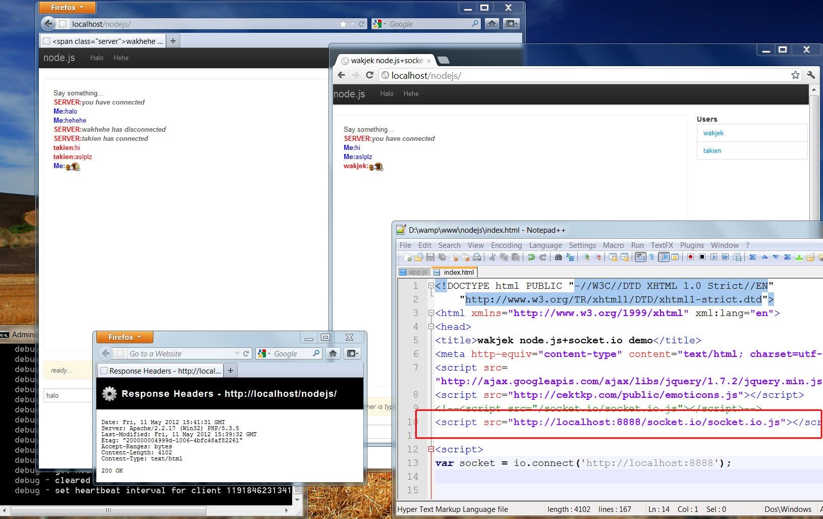 Coba menggabungkan nodejs dengan apache, jadi file index.html dan app.js...