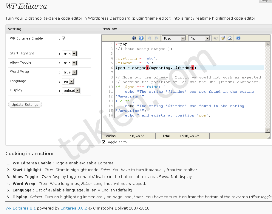 wordpress editarea, wordpress syntax highlight